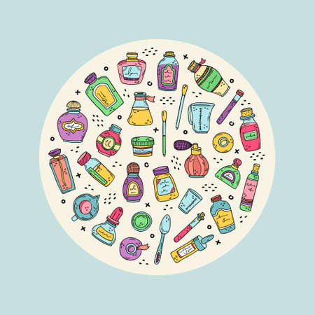 Vector round illustration with perfume bottles, beakers and essential oils. Preparation of perfumes.のイラスト素材