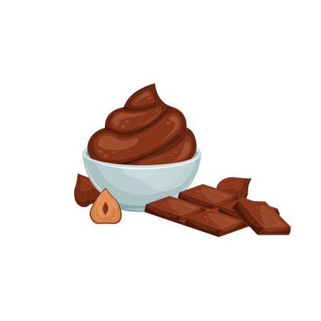 Vector illustration of a cream bowl with chocolate paste, nuts and chocolate. Sweet snack. Chocolate-nut paste.のイラスト素材
