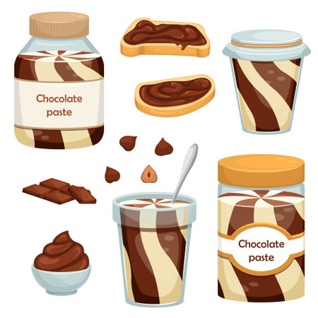 Set of vector illustrations with cans of chocolate paste, sandwiches, chocolate and nuts. Dessert. Sweet snack.のイラスト素材