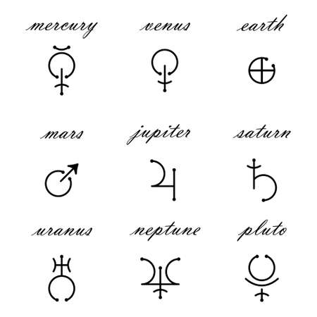 Set of vector astrological signs of planets. Astrology, astronomy. Mystery science.のイラスト素材