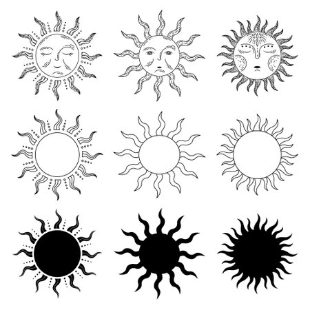 Set of 3 sun in retro style, line art and simple style. Stars. Astrology, astronomy. Magic sign.のイラスト素材