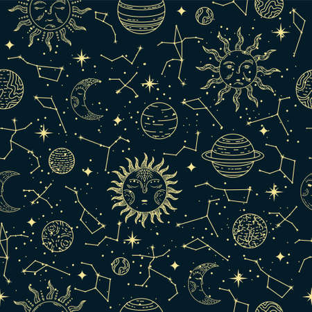 Vector seamless astrological pattern with planets, sun, moon, stars and constellations.のイラスト素材