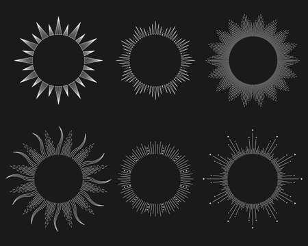 Set of 6 sun frames. Templates for design with place for text. Stars. Astrology, astronomy. Magic sign.のイラスト素材