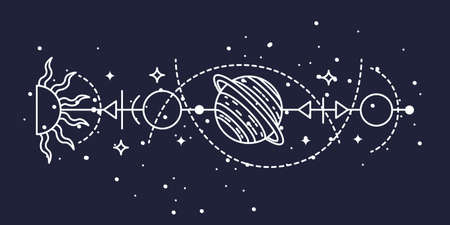 Mystical astrological vector illustration. Magic symbols. Zodiac. Astronomy. Line art illustration.のイラスト素材