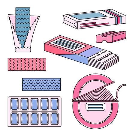 Color set of chewing gum. Style of the 90s. Line artのイラスト素材