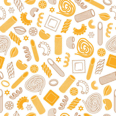 The vector seamless pattern with different types of italian pasta. Line art.のイラスト素材