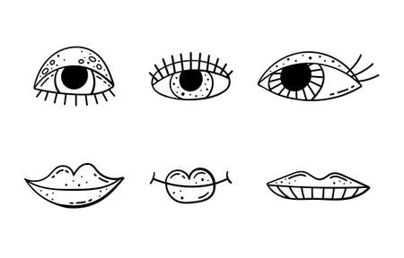 Set of doodle illustrations of cartoon eyes and lips. Beautiful eyes with lashes, bright painted lips.のイラスト素材