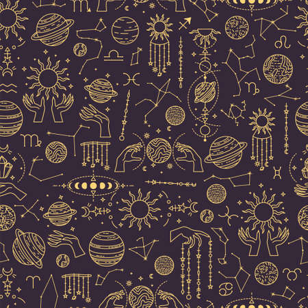 Vector seamless astrological pattern with planets and constellations.