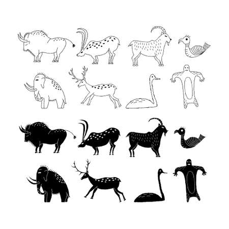 A set of animals from rock art. Prehistoric drawings Outline.のイラスト素材