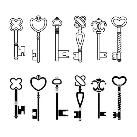 Vector set of retro keys in simple and outline styles.のイラスト素材