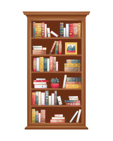 Isolated illustration of a wooden bookcase with books. Book spines in retro style.のイラスト素材