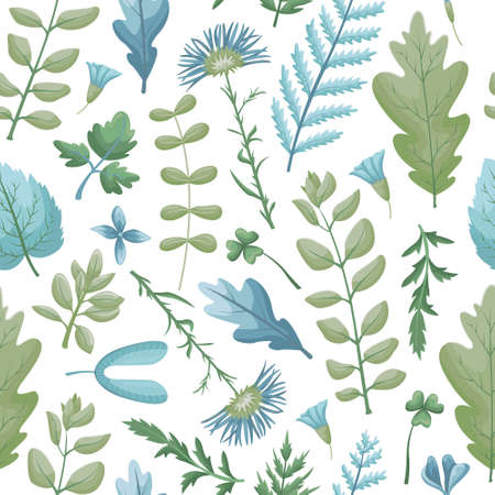The floral seamless pattern with leaves and flowers. Vector botanical background. Herbariumのイラスト素材