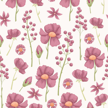 The floral seamless pattern with leaves and flowers. Vector botanical background. Herbariumのイラスト素材
