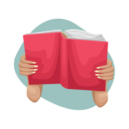 An open book in a woman's hands. A person reads a hardcover book.のイラスト素材