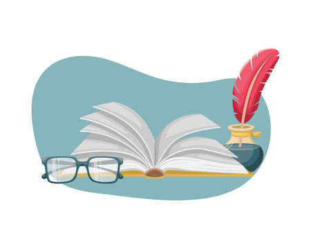 An open book on the table with an inkwell with a pen and glasses. Education, reading.のイラスト素材