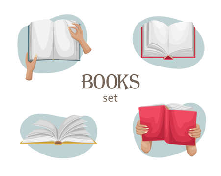 A set of four vector illustrations with an open book. A man holds a book in his hands.のイラスト素材