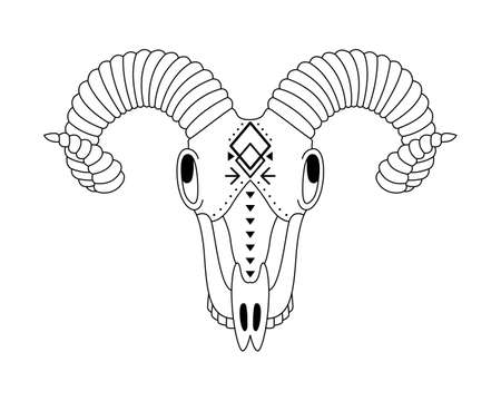 Animal skull in boho style with geometric ornaments. Tribal outline illustration.のイラスト素材
