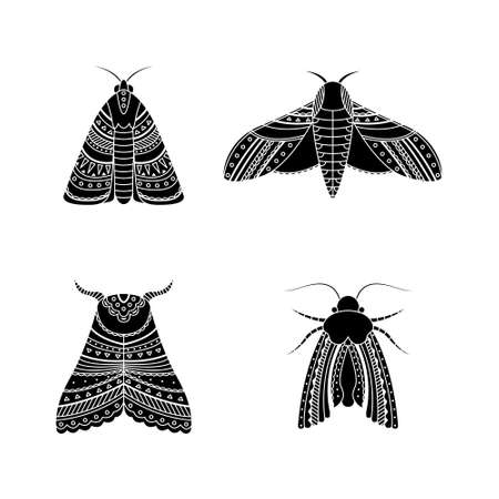 Set of moths in boho styles. Geometric tribal illustration in a simple style.のイラスト素材