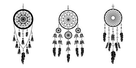 Set of vector dreamcathers in boho style. Mystical interiors. Simple styleのイラスト素材