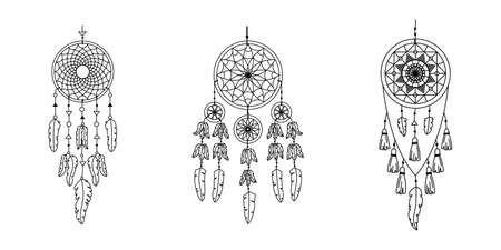 Set of vector dreamcathers in boho style. Mystical interiors.のイラスト素材