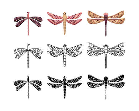 Boho set of dragonflies with geometrical patterns. Outline, flat and simple style.のイラスト素材