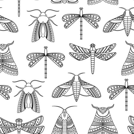 Vector seamless pattern with boho moths and dragonflies. Outlinesのイラスト素材