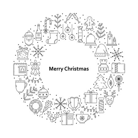Vector Christmas illustration with a set of icons in a round with a place for text.のイラスト素材