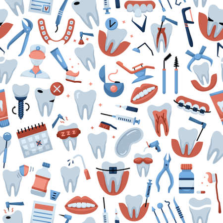 Vector seamless pattern with dentistry icons. Dental backgroundのイラスト素材