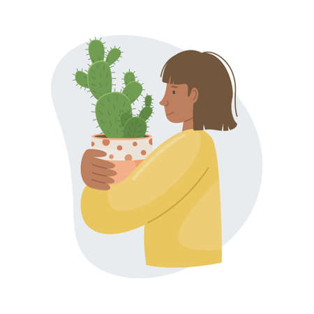Vector illustration with home plant in pot in girl hands. Decorative plants in the interior of the house. Flat style.のイラスト素材