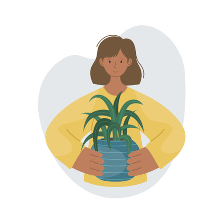 The girl with house plant in pot in her hands. Planting plants. Decorative plants in the interior of the house. Flat style.のイラスト素材