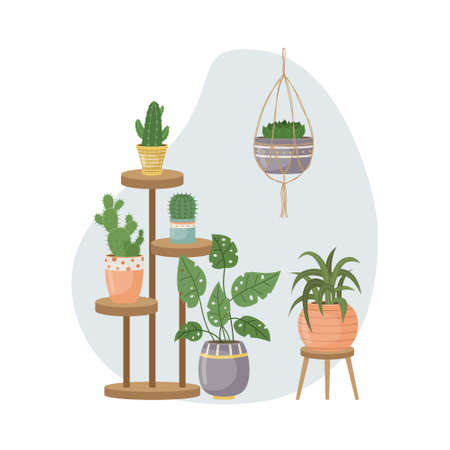 The flat illustration with house pants in pots. Planting. Decorative plants in the interior of the house. Flat style.のイラスト素材