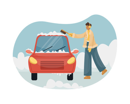 Vector illustration of a man sweeping snow with a brush from a car.のイラスト素材