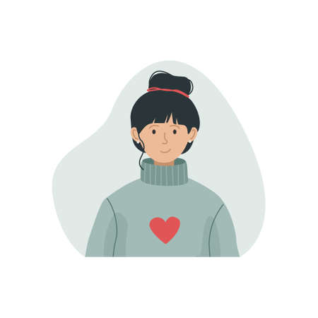 Vector illustration of a girl in a warm knitted sweater with a high neck. Winter clothing.のイラスト素材