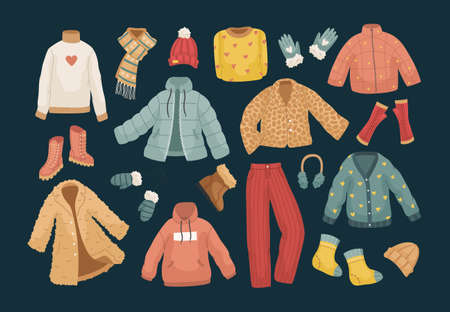 The vector set of winter clothes. Coats, hats, gloves, shoes and socks.のイラスト素材