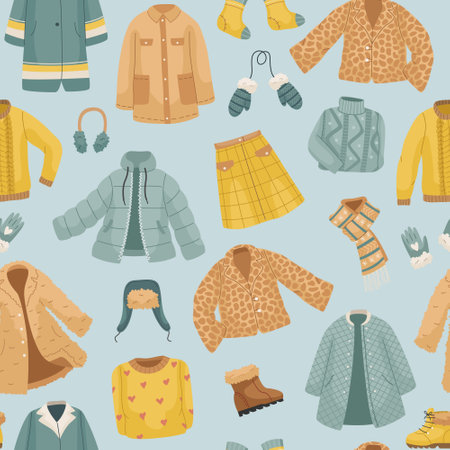 The seamless pattern with winter clothes. Coats, The vector set of winter clothes. Coats, hats, gloves, shoes and socks.のイラスト素材