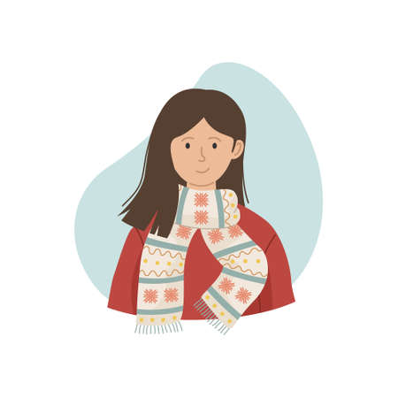 Vector illustration of a girl in a winter knitted scarf. Winter clothing.のイラスト素材