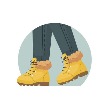 Vector illustration of winter warm shoes on the feet. Winter clothing.