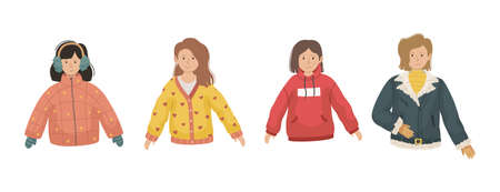 Vector set of 4 illustrations with girls in winter clothes.のイラスト素材