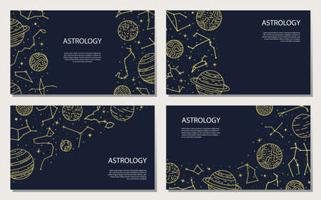 Vector set of posters with planets and constellations. Astrological background. A template with space for text.のイラスト素材