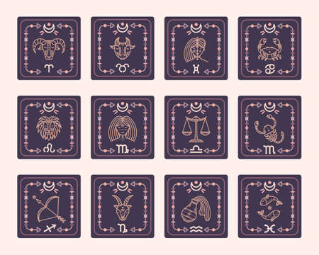 A set of vector maps with zodiac signs. Astrological cards.のイラスト素材