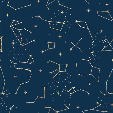 Astrological seamless pattern with stars and constellations. Gold foil textureの写真素材