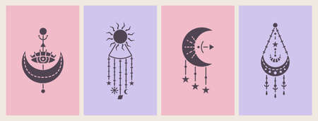 Vector set of magic cards with mystery illustrations. Magical cards.のイラスト素材