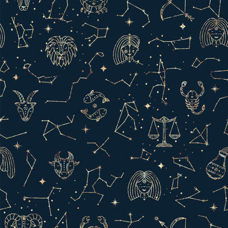 Astrological seamless pattern with zodiac signs, stars and constellations. Gold foil textureの写真素材