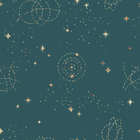 Astrological seamless pattern with starry sky. Gold foil textureの写真素材