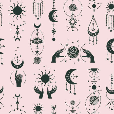 Vector magic seamless pattern with mystery symbols. Magical backgroundのイラスト素材