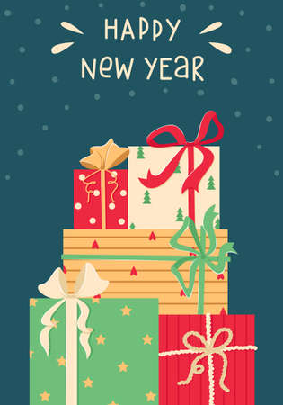 Vector illustration with a stack of Christmas gifts. Happy New Year.のイラスト素材