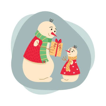 Christmas illustration with a family of snowmen. Dad gives his daughter a gift. New year greeting card.のイラスト素材