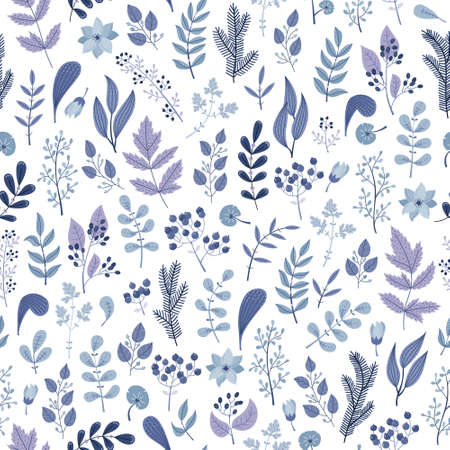 WInter seamless pattern with blue plants and flowers.のイラスト素材