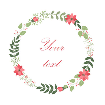 Winter vector round frame with plants and flowers. Floral wreathのイラスト素材