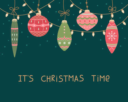 Vector greeting card with Christmas toys and garland. New Year's illustration.のイラスト素材